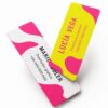 Mini tarjetas de visita personalizadas en rosa y amarillo flúor