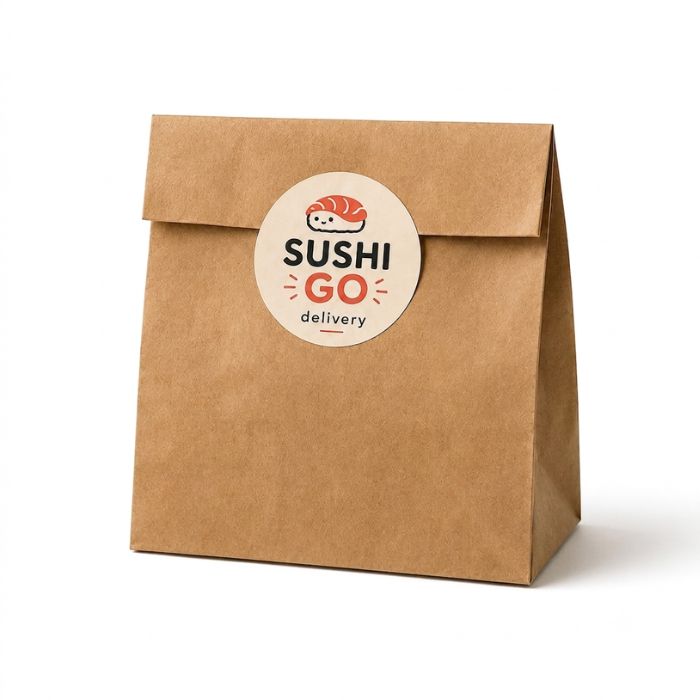 Pegatina de papel adhesivo personalizada aplicada sobre una bolsa kraft para packaging