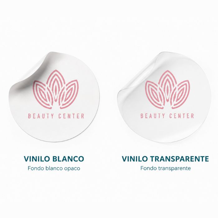 Comparativa de pegatinas redondas en vinilo blanco y vinilo transparente