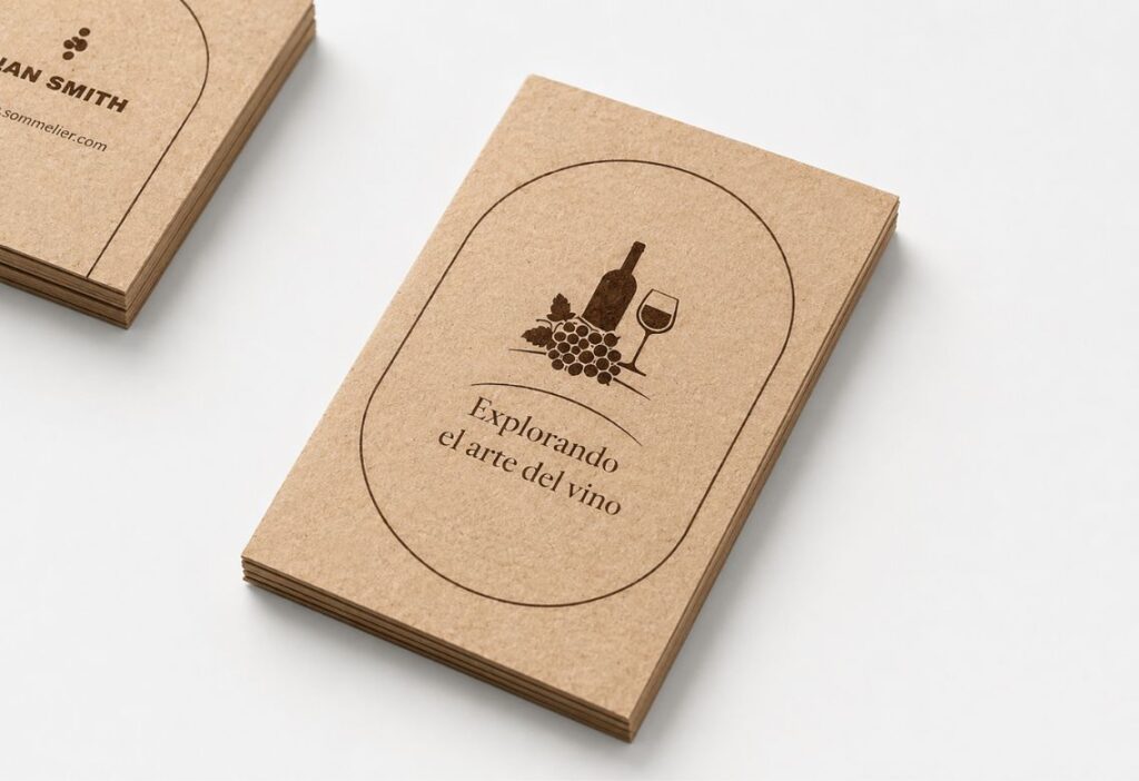 arjetas de visita verticales en papel kraft con diseño de vinos