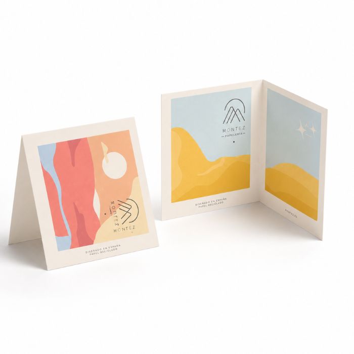 Tarjetas de visita plegadas en papel reciclado con diseño personalizado - Reprotel Madrid