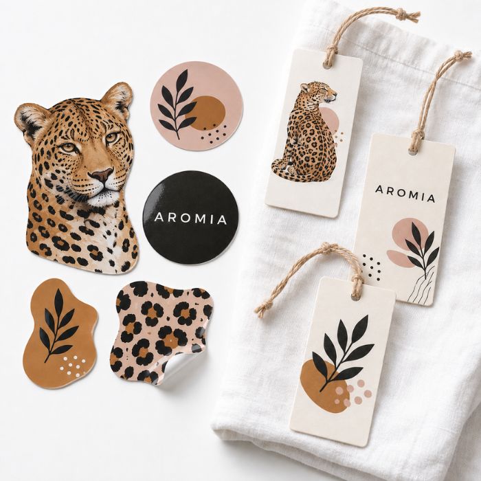 Pegatinas de vinilo y etiquetas colgantes personalizadas con el diseño de una marca de moda