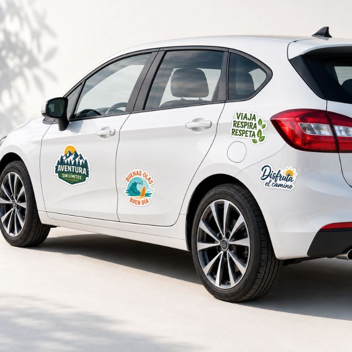 Coche blanco con pegatinas personalizadas troqueladas aplicadas en la carrocería