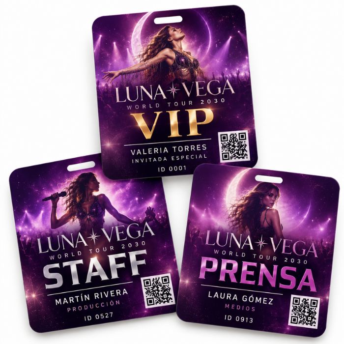 Acreditaciones cuadradas para concierto con diseño VIP, staff y prensa