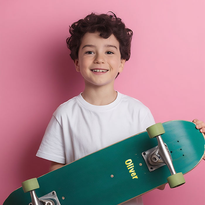 Nombre en vinilo personalizado aplicado sobre un skate