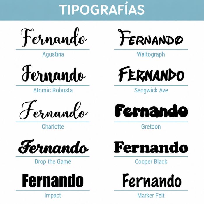 ipografías disponibles para nombres en vinilo personalizados