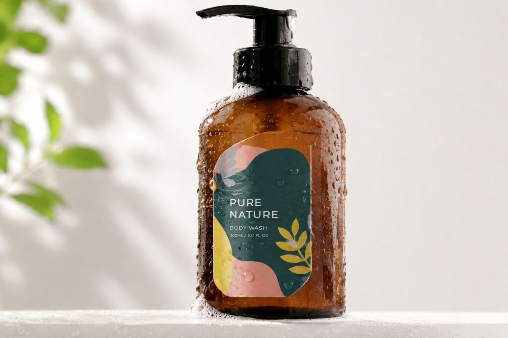 Pegatina transparente personalizada aplicada en un bote de gel ámbar con gotas de agua