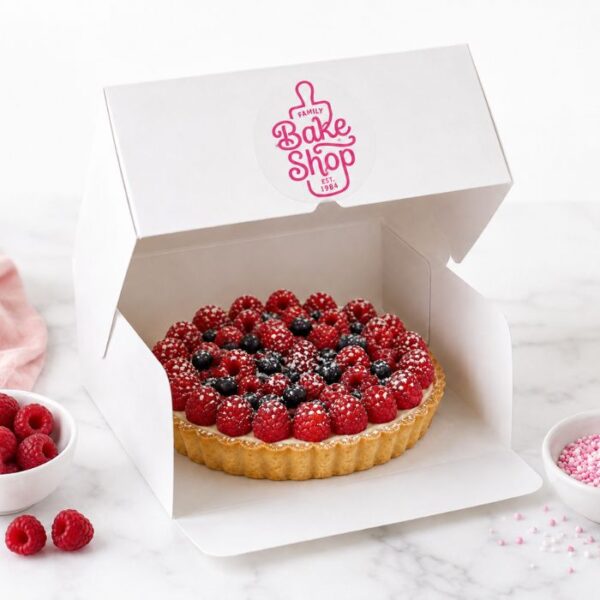 Pegatina transparente personalizada en una caja blanca de pastelería con tarta de frutos rojos
