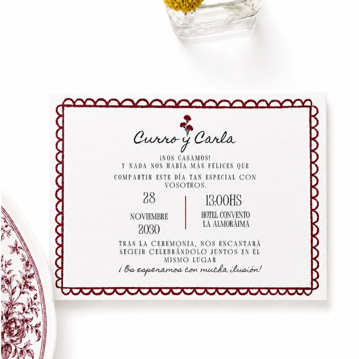invitaciones boda a5 diseño borde puntilla granate reprotel