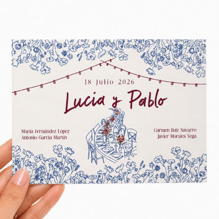 invitaciones boda a5 diseño floral azul reprotel