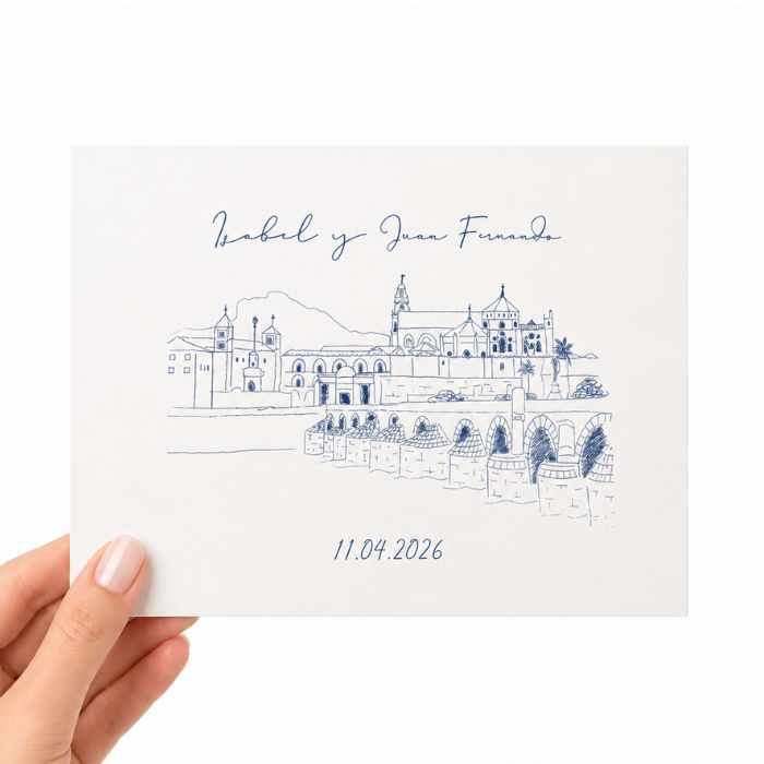 invitaciones boda a5 ilustracion ciudad azul reprotel