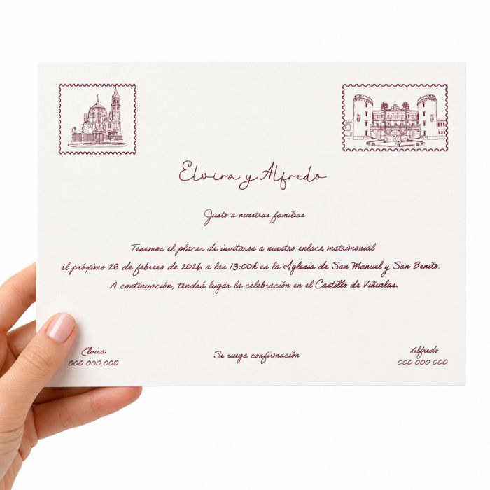 invitaciones boda a5 diseño sellos burdeos reprotel