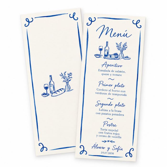 Minutas de boda personalizadas con diseño azul