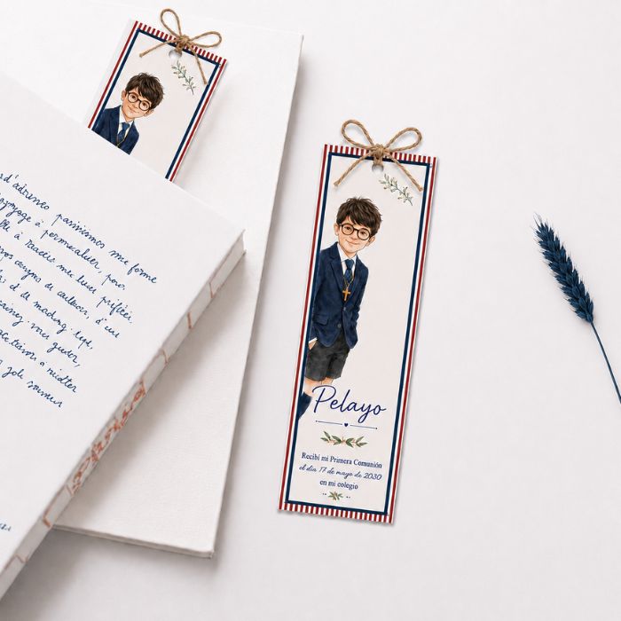 marcapáginas personalizado para comunión con ilustración de niño y lazo de yute