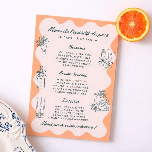 Minuta de boda personalizada con diseño ilustrado