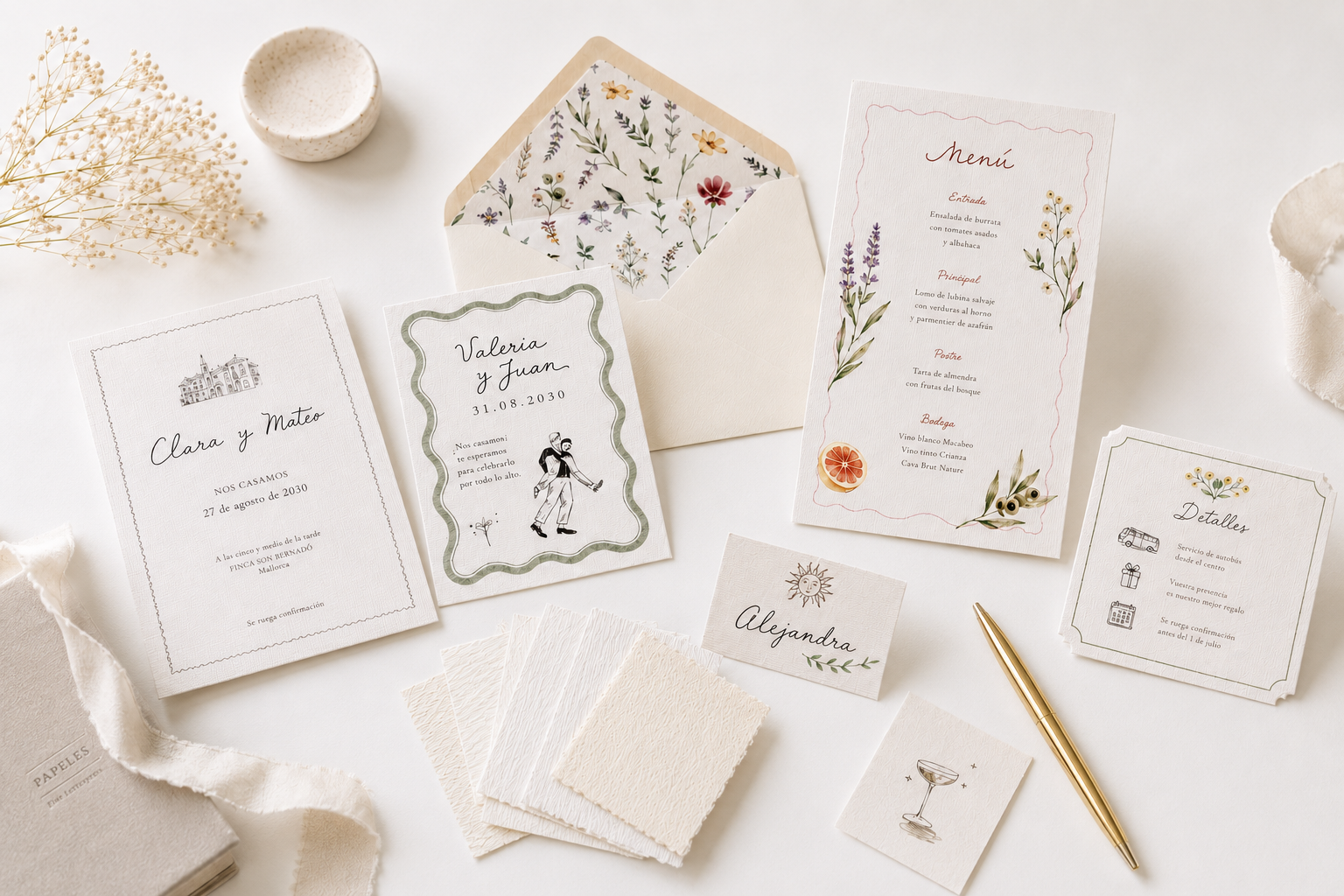 Papeles para invitaciones de boda con diferentes texturas y piezas de papelería personalizada sobre mesa blanca