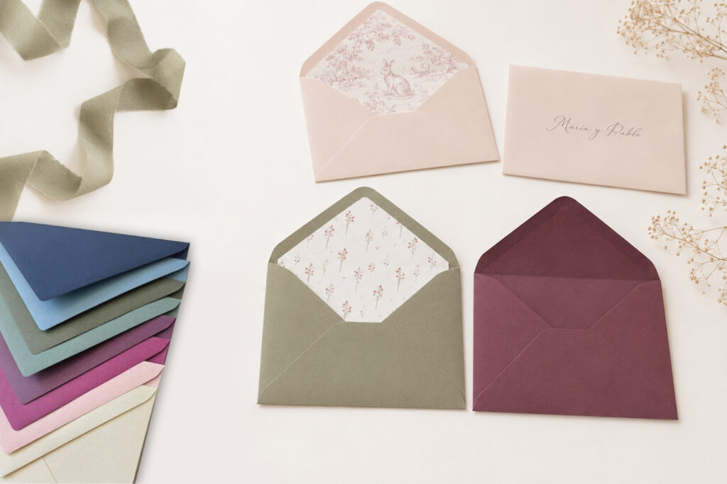 Sobres de colores con forros personalizados para papelería de boda sobre mesa blanca