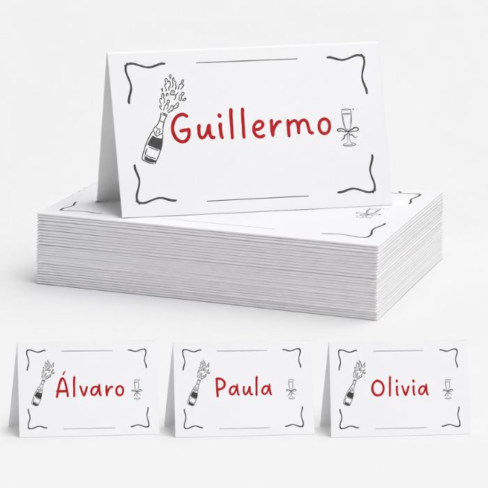 Marcasitios de boda personalizados con ilustración de champán"
