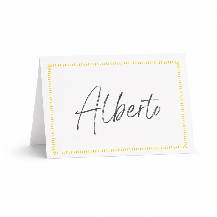 Marcasitio plegado personalizado con nombre Alberto y borde amarillo