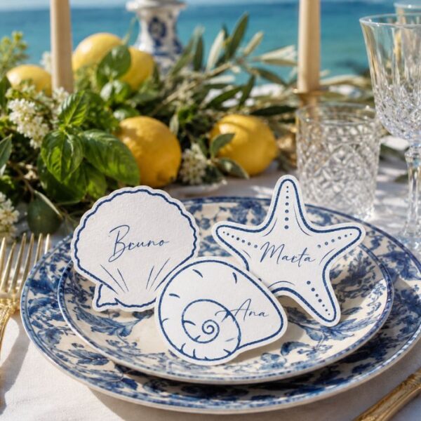 Marcasitios personalizados de la colección Mar con nombres de invitados en mesa de boda mediterránea