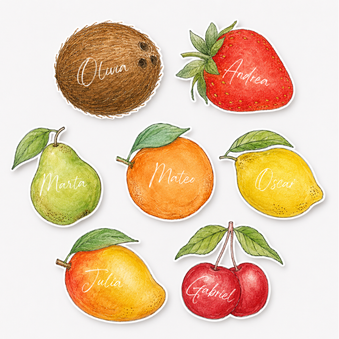 Marcasitios con forma de frutas personalizados para boda