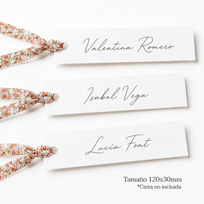 Marcasitios boda personalizados formato etiqueta 120x30mm con cinta de flores