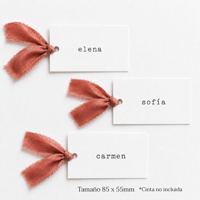 Marcasitios boda personalizados formato etiqueta 85x55mm con cinta terracota