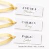 Marcasitios boda personalizados formato etiqueta 90x35mm con cinta vichy amarilla