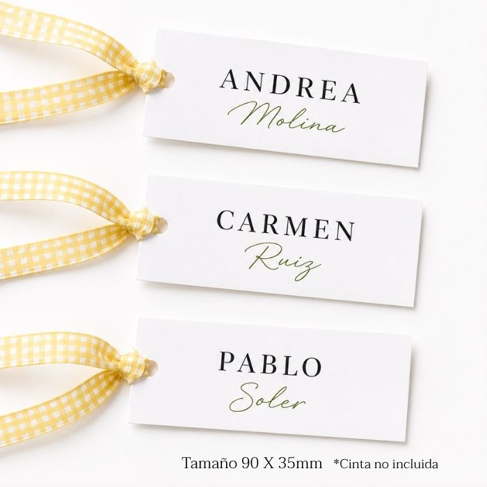 Marcasitios boda personalizados formato etiqueta 90x35mm con cinta vichy amarilla