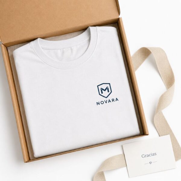 Camiseta corporativa personalizada presentada en caja de regalo kraft.