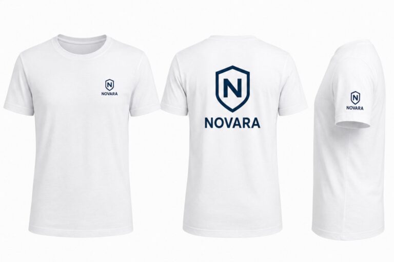Camiseta blanca de mujer personalizada con logo NOVARA en pecho, espalda y manga.