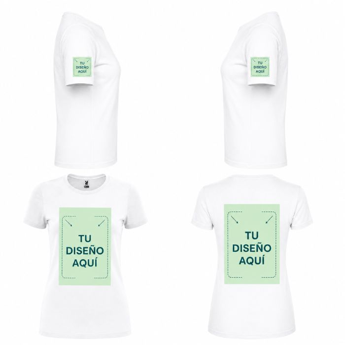 Camiseta blanca de mujer con diferentes áreas disponibles para personalización.