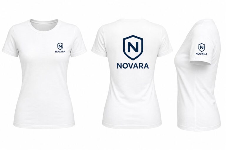 Camiseta blanca de mujer personalizada con logo NOVARA en pecho, espalda y manga.