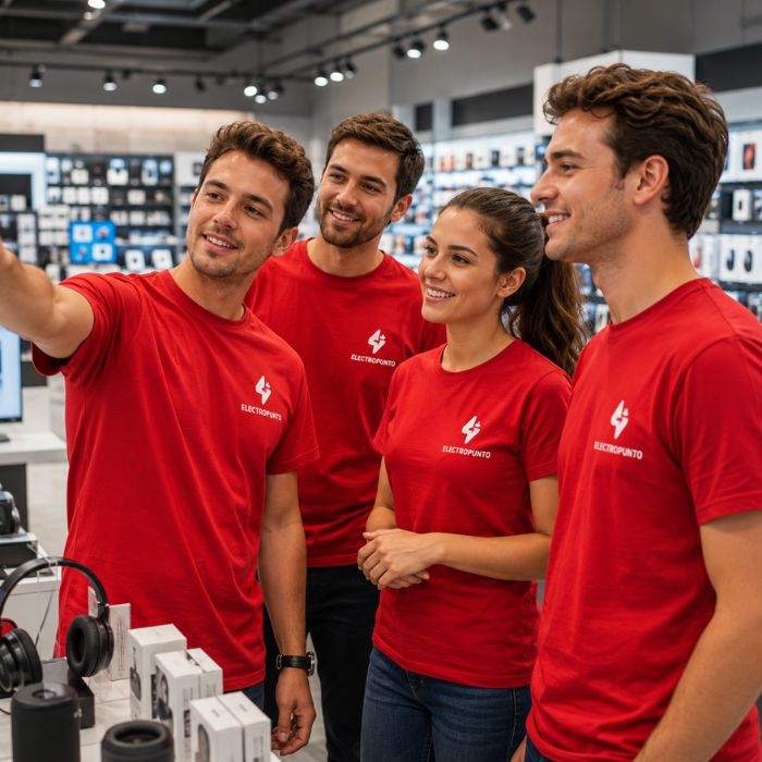 Equipo de tienda de electrónica con camisetas personalizadas para empresa