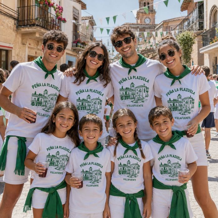 Grupo de adultos y niños con camisetas personalizadas de peña y pañuelos verdes durante las fiestas de un pueblo.