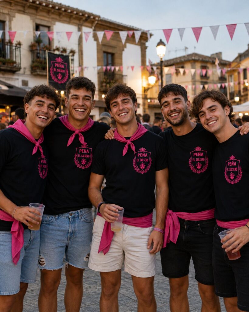 Grupo de amigas con camisetas personalizadas de peña en fiestas patronales