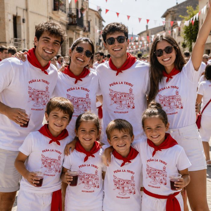 Grupo de adultos y niños con camisetas personalizadas de peña y pañuelos verdes durante las fiestas de un pueblo.