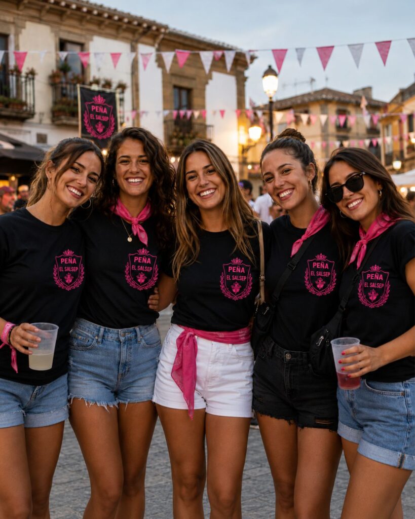 Grupo de amigas con camisetas personalizadas de peña en fiestas patronales