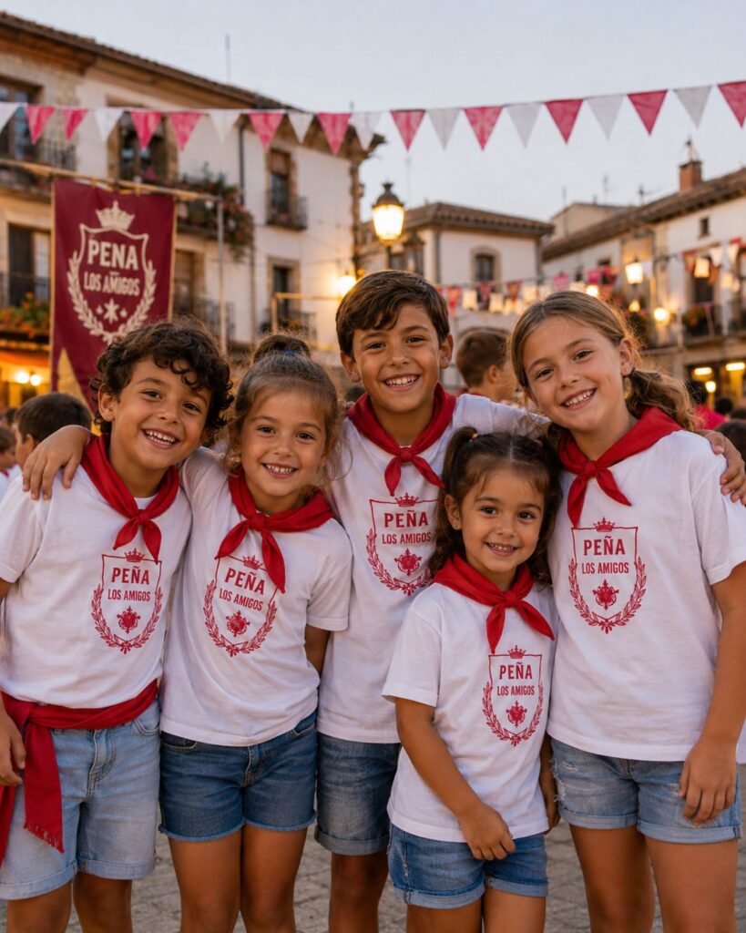 Grupo de niños con camisetas personalizadas de peña en fiestas patronales
