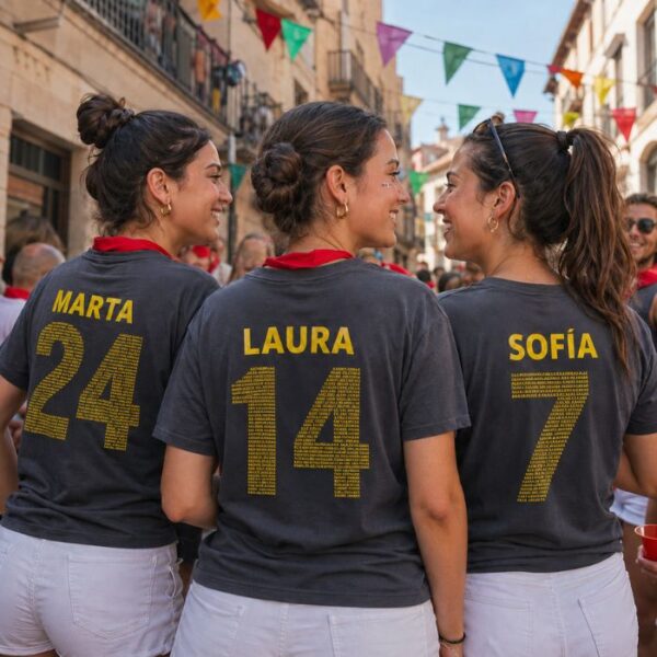 Tres amigas con camisetas color personalizadas para peñas, con nombres y números diferentes en color verde, durante las fiestas de un pueblo