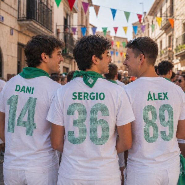 Tres amigos con camisetas blancas personalizadas para peñas, con nombres y números diferentes en color verde, durante las fiestas de un pueblo