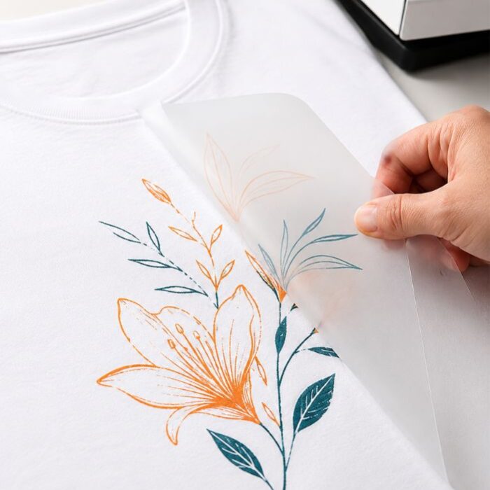 Impresión DTF sobre camiseta personalizada blanca - detalle del proceso de transferencia