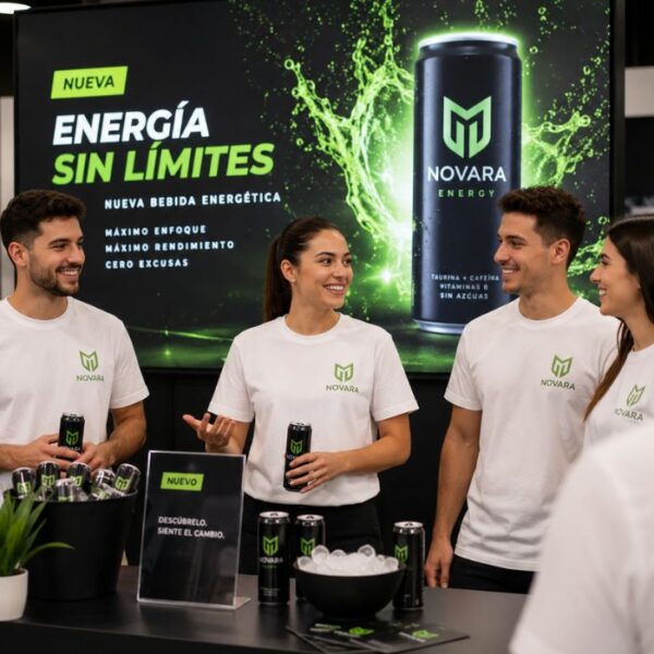 Trabajadores con camisetas personalizadas en el lanzamiento de una bebida energética.