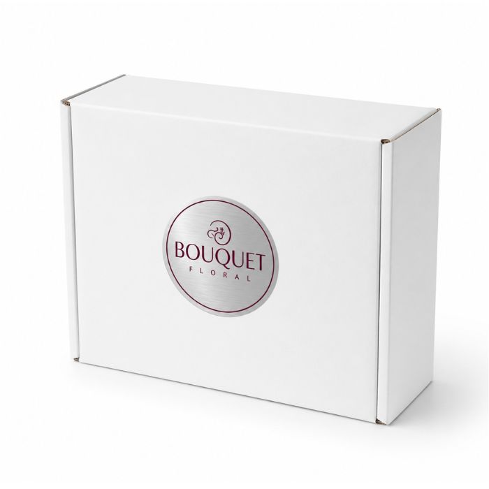 Caja blanca con pegatina redonda de vinilo plata mate de Bouquet Floral
