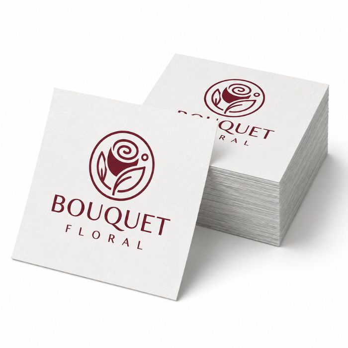 Pegatinas de papel blancas con el logo granate de Bouquet Floral