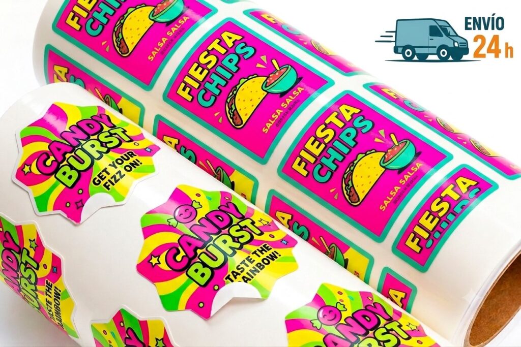 Rollos de pegatinas personalizadas a todo color con formas troqueladas y envío en 24 horas