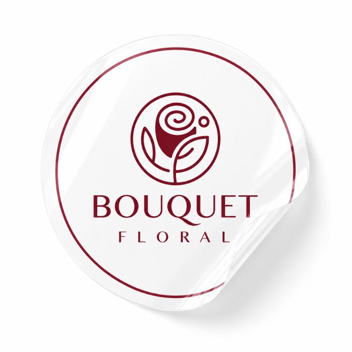 Pegatina transparente personalizada con el logo granate de Bouquet Floral