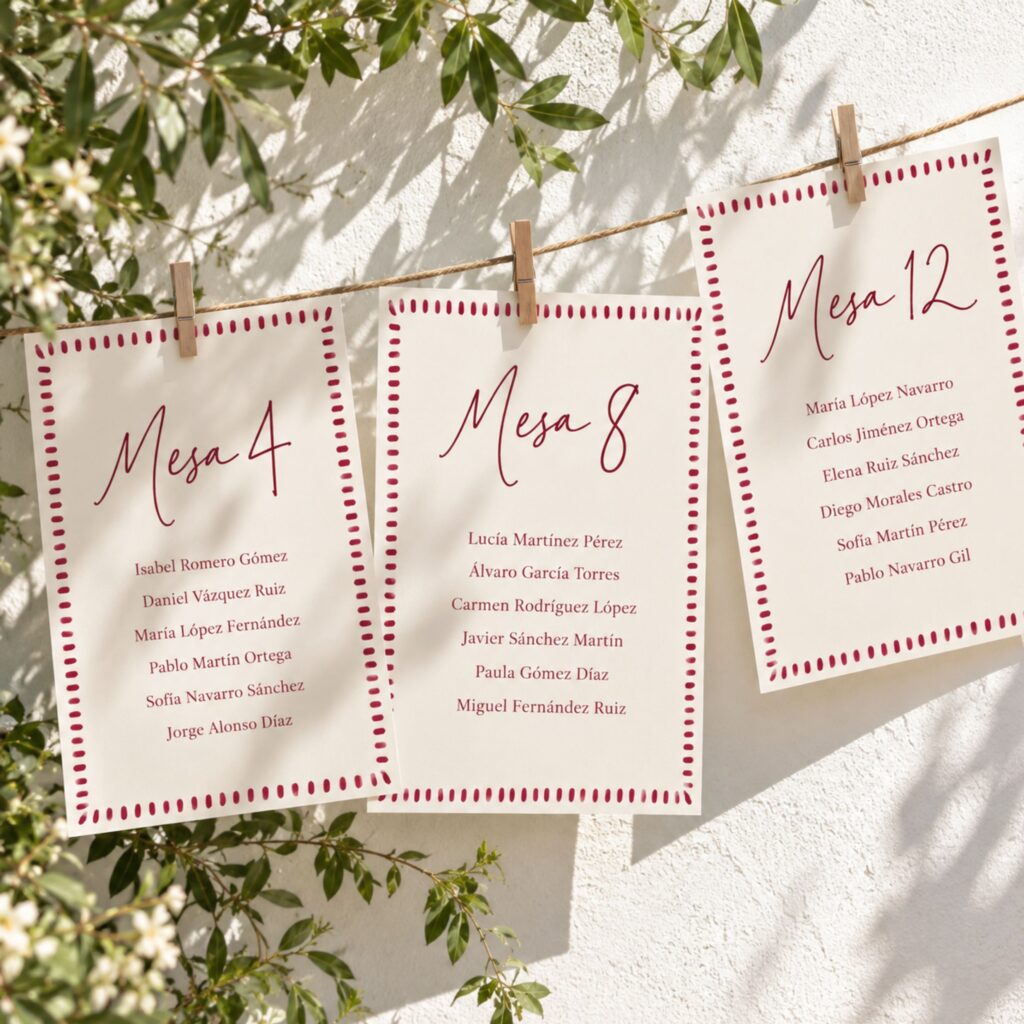 Impresión seating de mesa boda en tamaño A4 con nombres de invitados