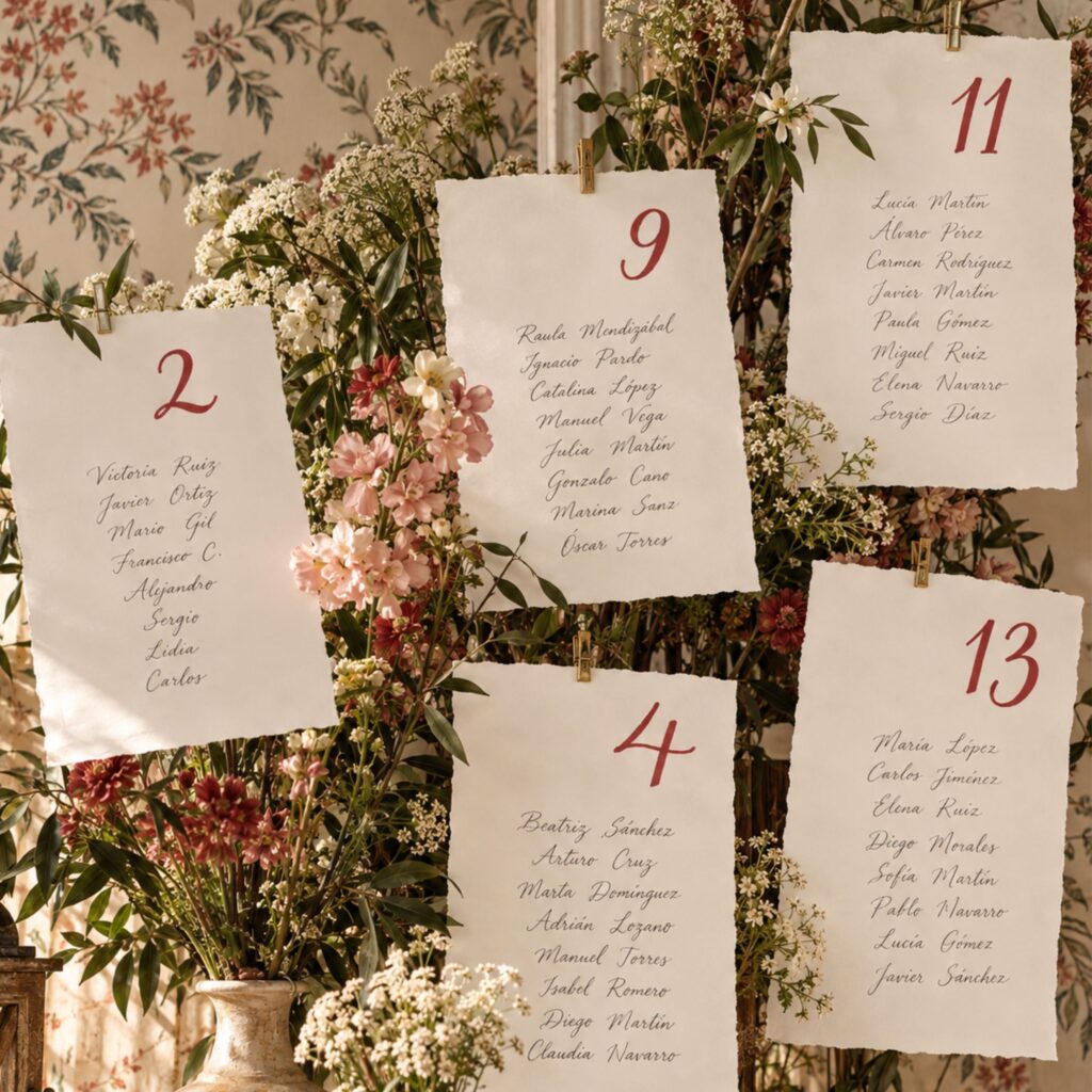 Impresión seating de mesa boda A4 personalizado con nombres de invitados