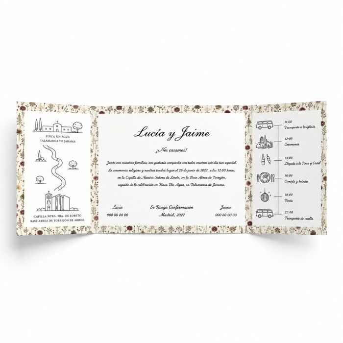 Invitación tríptico de boda horizontal personalizada